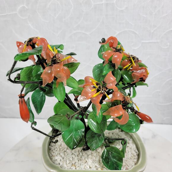 VTG Glass Faux Jade Bonsai Tree 9" Green Coral Handcrafted Art Ceramic Pot - Picture 3 of 16